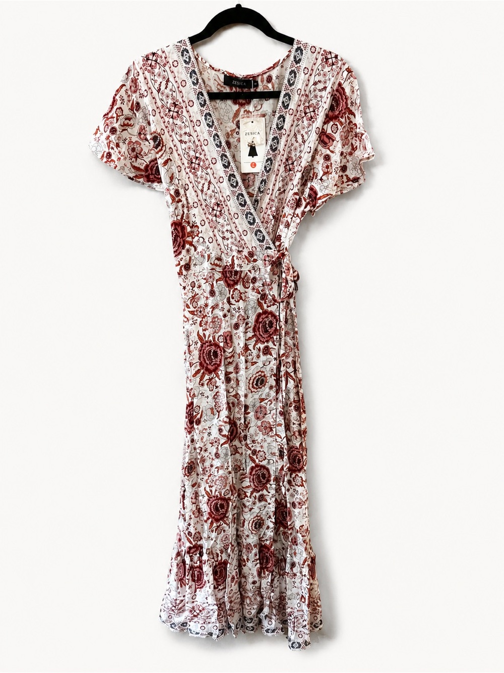 Zesica Floral Wrap Maxi Dress - White and Burgundy